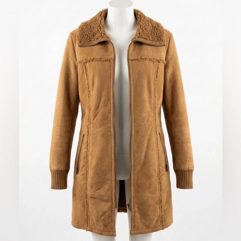 Vintage Cherry LA Women's Tan Genuine Leather Suede Teddy Jacket 80s 90s Y2K - Picture 1 of 4